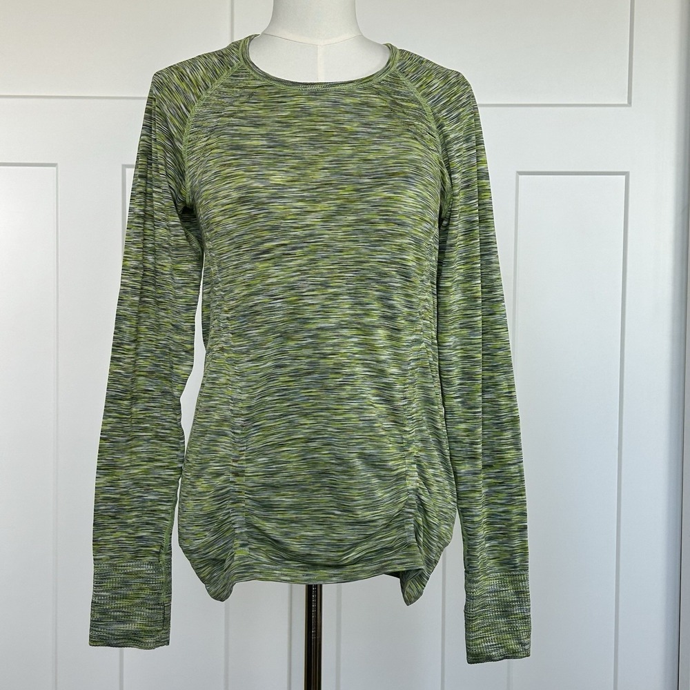 Athleta Fastest Track Long Sleeve Ruched Shirt -Women's MED- Green Space Dye